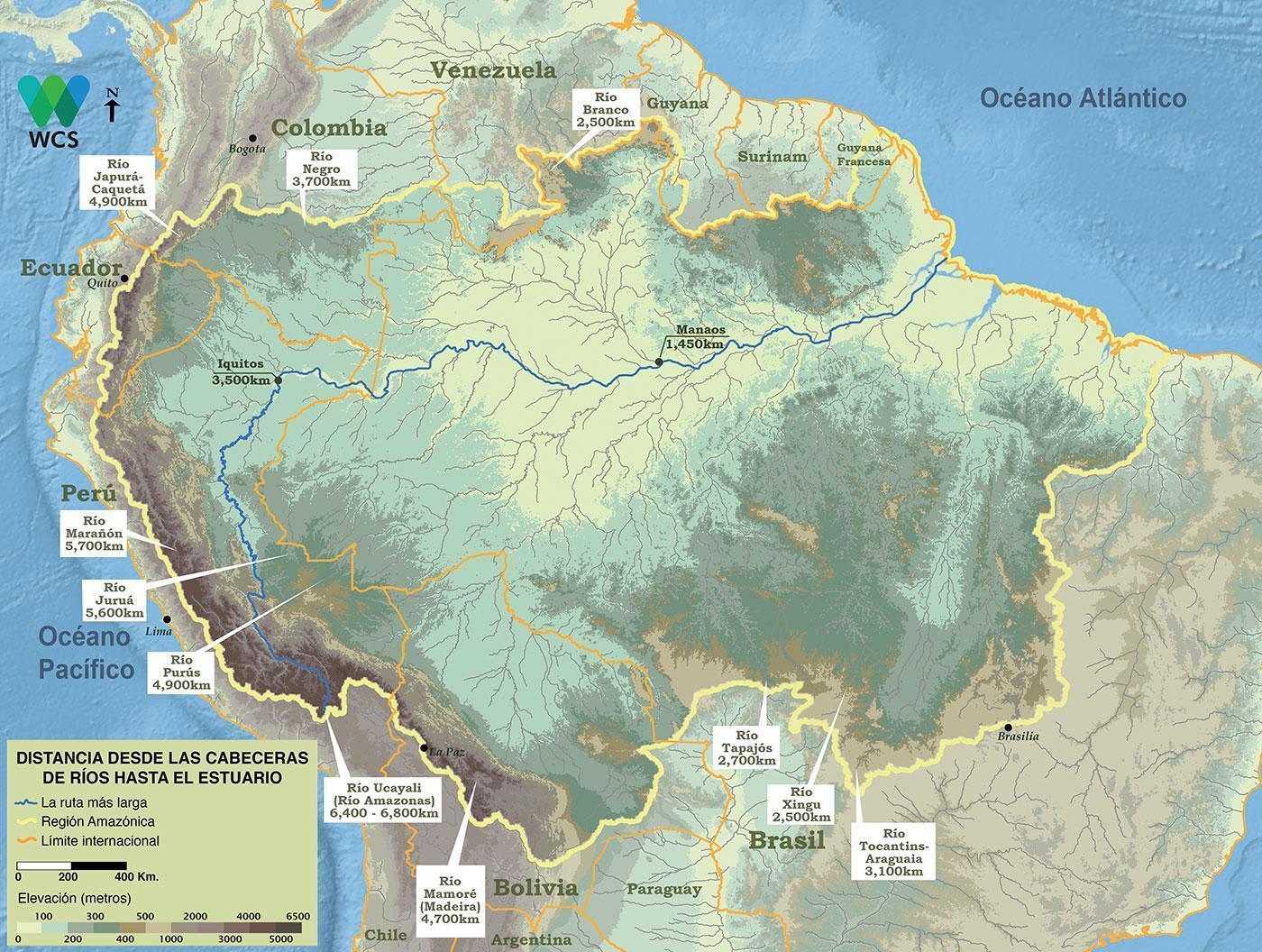 La cabecera del río Amazonas más distante se ubica a casi 6,800 kilómetros desde el Atlántico luego de considerar las distancias siguiendo el curso sinuoso de los grandes canales y tributarios. 