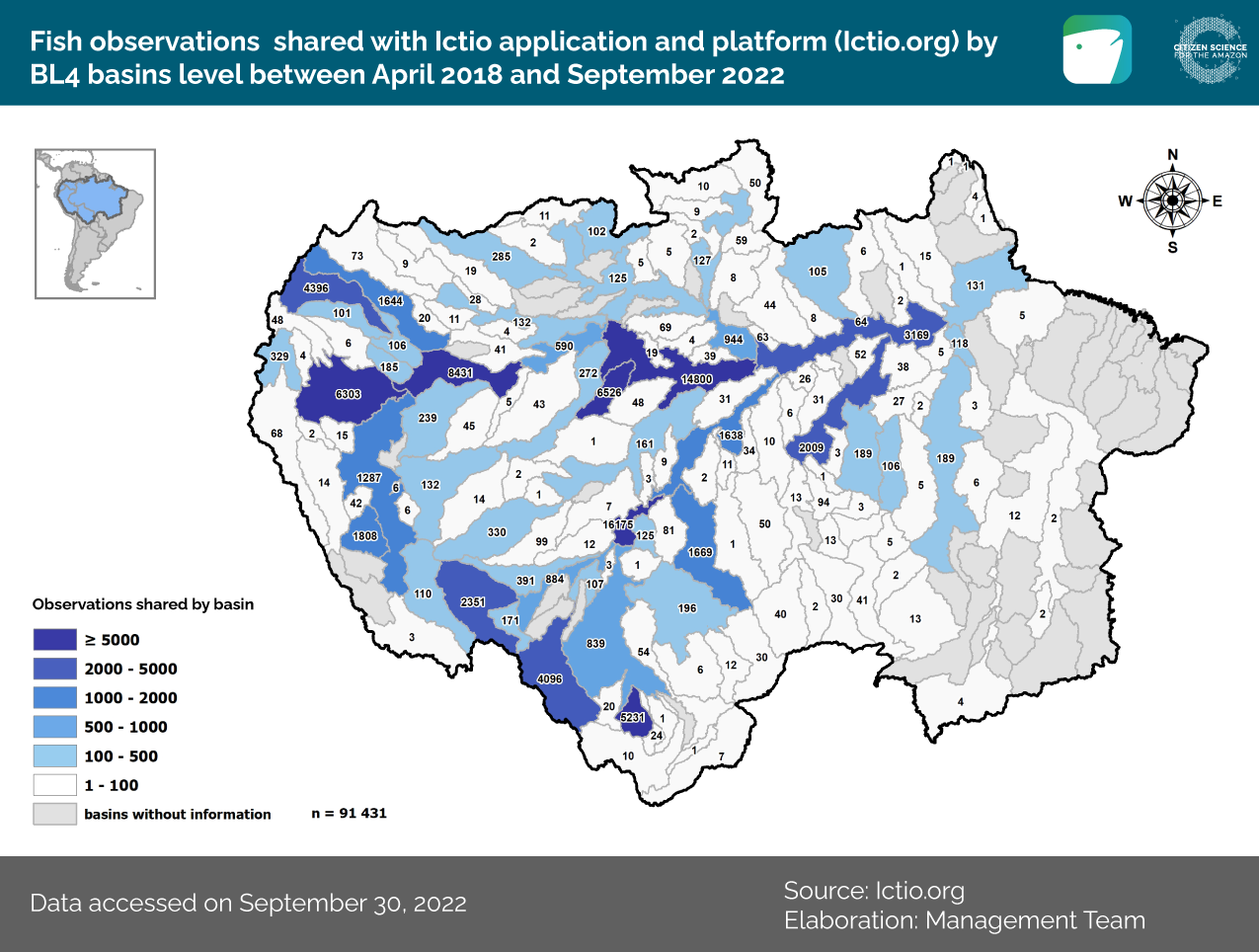 As of September 30, 2022, the Ictio database contains 91,431 fish observations in 52,874 lists. These data come from 150 BL4 basins. The basin with the highest number of observations was the Madeira River (above Jamari), with 16,175 fish observations recorded. Data for the period April 2018 to September 2022, accessed on October 1, 2022.