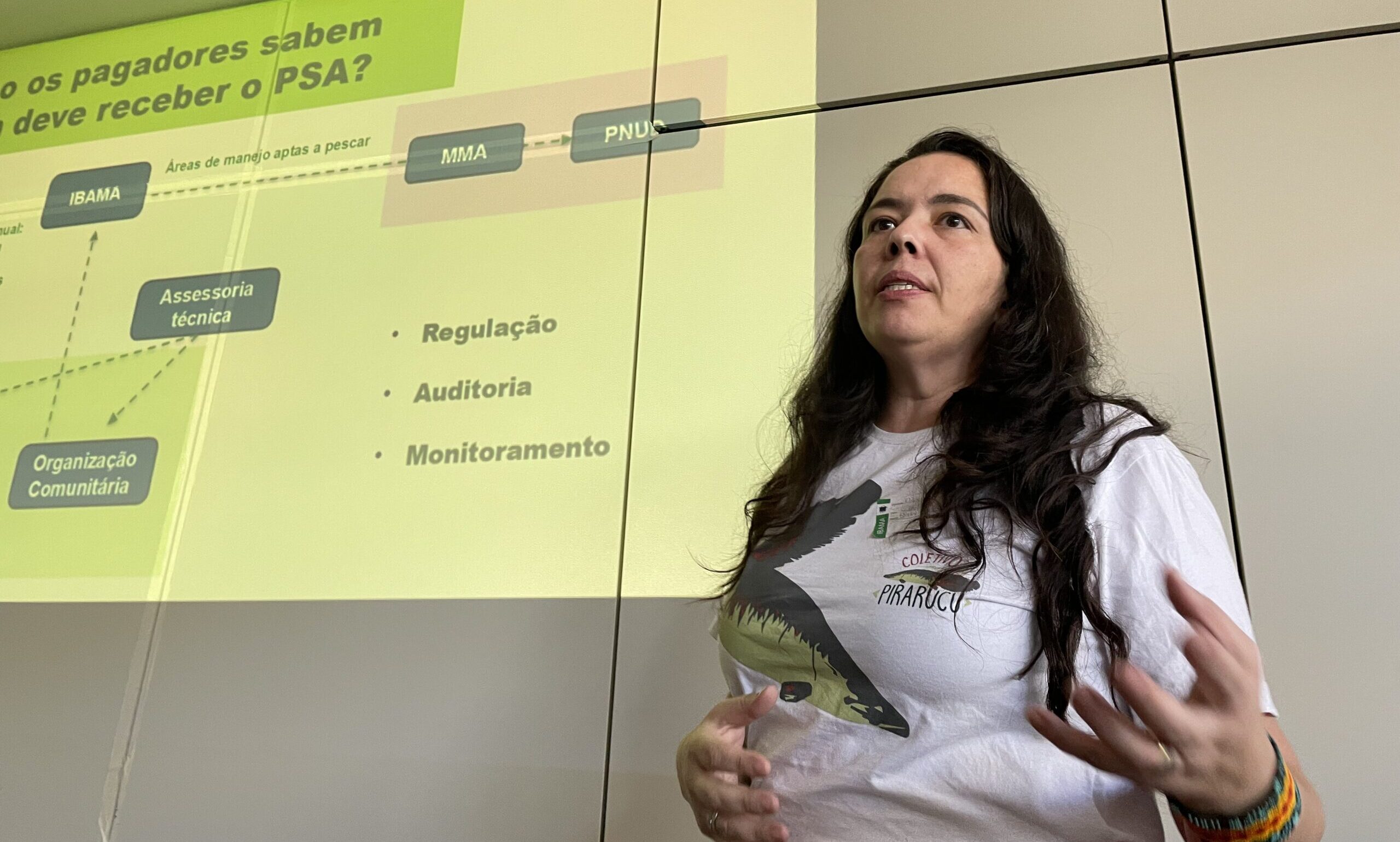 Pescadores del Colectivo del Pirarucu dialogan con autoridades en Brasilia sobre conservación y seguridad territorial 2 Bruna De Vita, directora de Políticas de Estímulo a la Bioeconomía de la SBC-MMA presentando la propuesta piloto de PSA al Colectivo del Pirarucu.